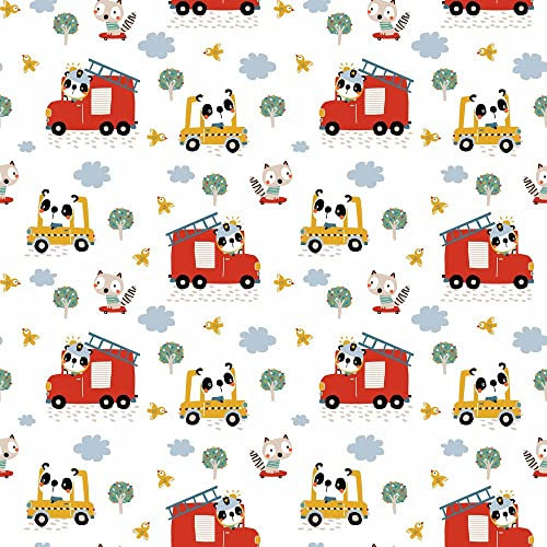 Keine Meterware, Stoffe zum Nähen für Kinder, 100% Baumwolle: 0,5m Baumwollstoff mit Tiere in Feuerwehr und Taxi - Pandabär Hund und Vogel auf weiß - Mädchen und Jungen Kinderstoff