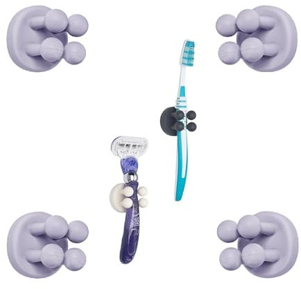 TECBULL® Funny Hooks Zahnbürstenhalter, Rasierer Halter Dusche, Halterung ohne Bohren, Zahnbürstenhalterung selbstklebend (TB-Exklusiv - 4X Grauviolett)