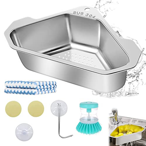 GZcaiyun 1 Stk Waschbecken Filterablage Dreieck Waschbecken Sieb, Edelstahl 304 Spülbecken Abflusskorb für Vegtable Obst Gadget, mit Lappen Hydraulikbürste Saugnapf