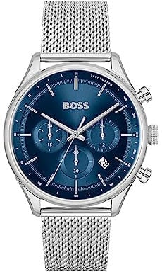 BOSS Chronograph Quarz Uhr für Herren Kollektion Gregor mit Silbernes Edelstahl-Mesh-Gliederarmband - 1514052
