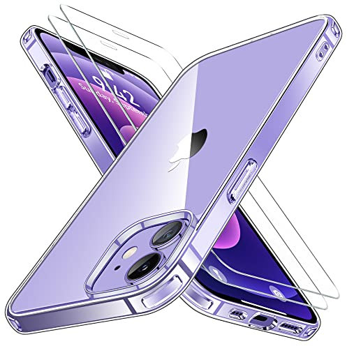 Niphabe Coque Compatible avec iPhone avec 2 Verre Trempé, Anti-Jaunissement Dur PC Housse Anti-Rayures Protection Case Antichoc Coque avec Bumper TPU pour iPhone (Transparent, pour iPhone 12/12 Pro)