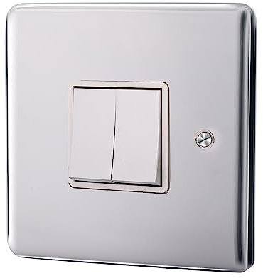 ASAB 2 Gang 2 Way 10A Plate Switch PGM 33605 Brushed Steel Double Button Easy to Install Smooth Finish Excellent Electrical Conductivity Socket Standard UK Switch for Commercial and Residential Use