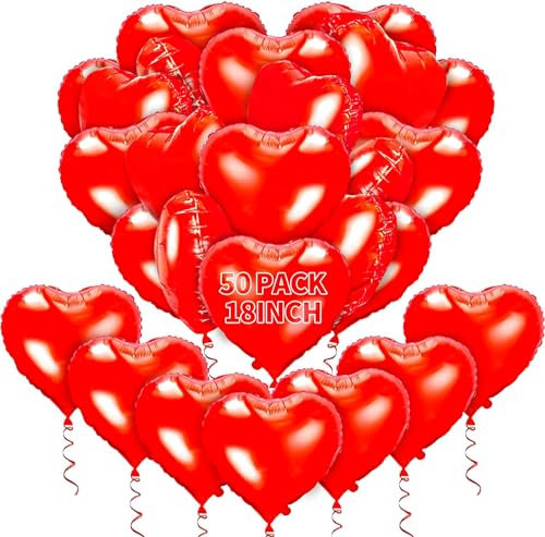 Red Heart Balloons- 50Pcs 18inch Foil Heart Balloon, Valentine Day Balloons, Room Decorations Kit Party Props Decor Love Balloons Red Valentines Day Heart Balloons