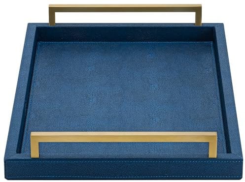 XIGEXIGE Shagreen Decorative Tray Serving Tray with Handles Rectangle Home Decor Large Ottoman Tray for Living Room Bathroom Navy Blue