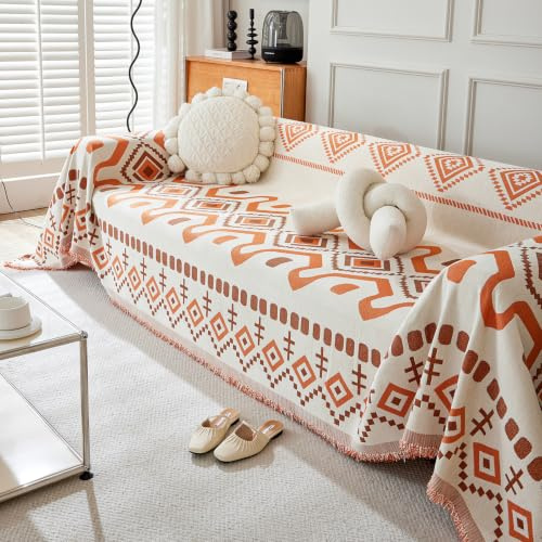 VanderHOME Chenille Sofa Überwurf Decke großer Couchdecke Überwurf Sofa Decke Wendbare Sofabezug, Sofadecken zum Abdecken, Tagesdecke mit dekorativen Quasten 180 * 300cm-Orange