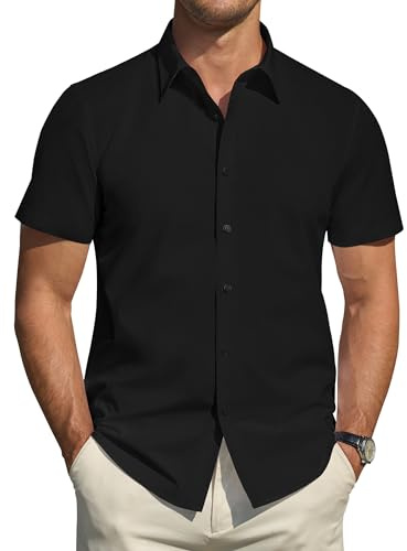 J.VER Men's Short Sleeve Dress Shirt Regular Fit Stretch Stain Defense Shirts Business Casual Button Down Shirt Black Medium