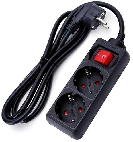 Regleta de 2 vías con Interruptor, 3 m, 3G, 1,5 mm², Color Negra - Ideal para conectar múltiples Dispositivos eléctricos en el hogar.
