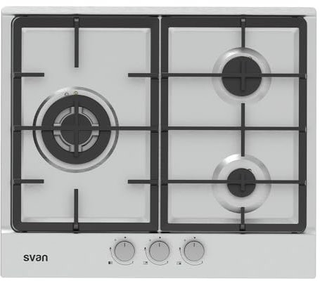 Svan Encimera de Gas Inox SGW3600X. Potencia máx. 6750 kW, 3 Quemadores, Quemador WOK triple llama, con Ignición Automática, Parrillas Forjadas, Incluye Kit de Conversión Gas Natural