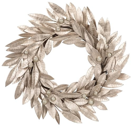 16 Zoll/40cm Gold Weihnachtskranz Türkranz mit Lorbeerblätter, Dekorative Glitzer Beeren für Haustür, Hauswandbehang oder Christbaumschmuck Türschild Deko Türdeko Weihnachtsdekoration