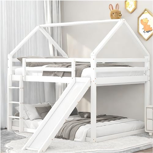 Kinderbetten 140x200cm, Doppelbett, Familienbetten, Etagenbetten mit Rutschen und Leitern, Hochbetten (Weiß)