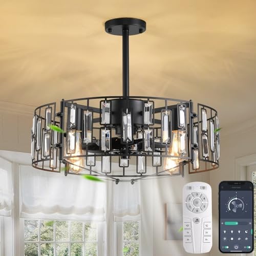Ganeed Fandelier Ventilador de Techo con Luces Lámpara Colgante de Cristal 50 cm Lámpara de Araña Moderna 6 Velocidades de Viento con Mando a Distancia para Dormitorio Negro 4 Luces