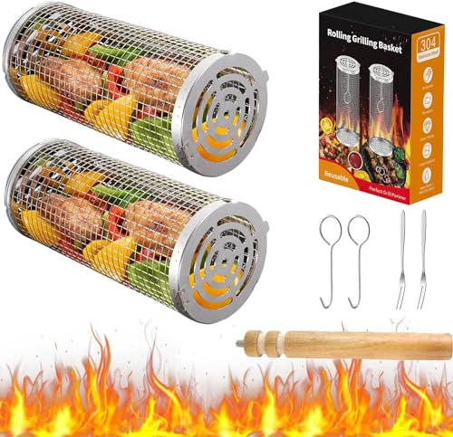MEETOZ 2 Pcs Rolling Grill Basket, Bbq Grill Basket Stainless Steel Grilling Basket with Handle, Camping Picnic Cooking Accessories for Suitable for Vegetable/Shrimp/Chicken, Gifts for Men Dad Husband