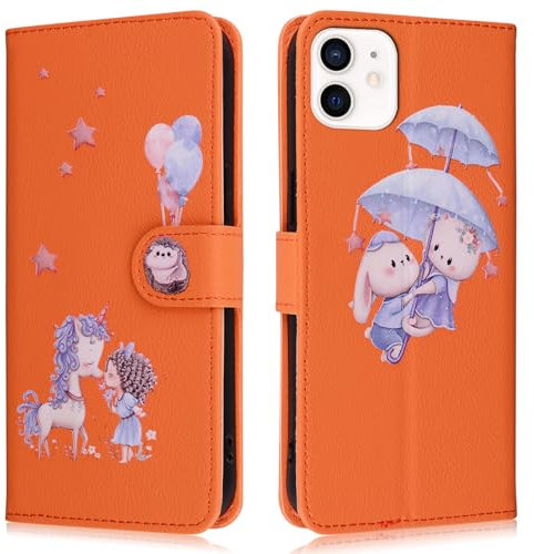 Butnyeoe for iPhone 12 Phone Case,iPhone 12 Pro Wallet Case,PU Leather Magnetic Book Flip Protective Cover with Card Holder,Cute Unicorn Orange