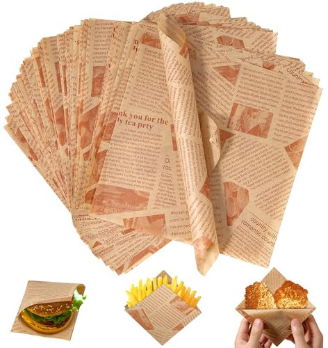 200 Blätter Backpapier, Vintage Zeitungsoptik Burger Papier, Burger Papier, Butterbrotpapier, Pommestüten, Brotpapier, für Lebensmittelkörbe und Tablettauskleidungen (22x22cm)