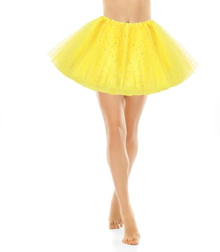 Tutu Skirts for Women Adults Tulle Skirts with Sequin Stars 3 Layered Mesh Skirt with Lining Retro 80s Fancy Dress for Women Bubble Skirt for Halloween Rave Costume Party Dance Running Cosplay(yellow)