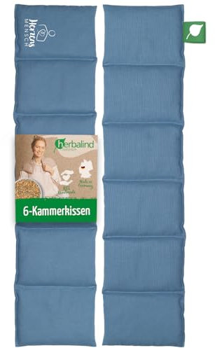 HERBALIND Körnerkissen XXL 66x15 cm 1080g Bio-Getreidekissen HERZENSMENSCH - Geschenk Made in Germany, 6-Kammer Wärmekissen für Rücken 100% Baumwoll-Canvas, für Mikrowelle Roggen-Weizen, Blue Heaven
