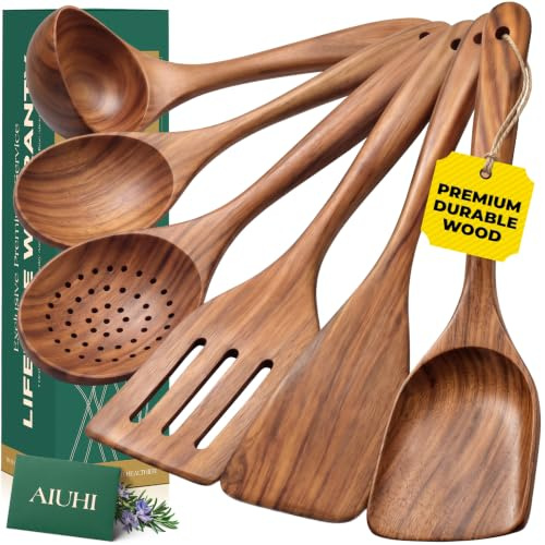 AIUHI Nonstick Natural Wooden Kitchen Utensils Set, Smooth Finish Teak Wood Spoons for Cooking, Comfortable Grip Spatula for Elaborate Cooking 6Pcs