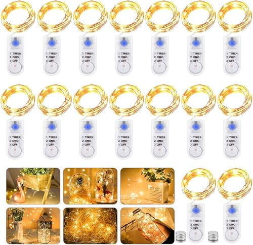 GAOUTO 16 Stk 2M 20LED Lichterkette Batterie mit Timer, LED Micro Batterie-betrieben Kupfer Drahtlichterkette Weihnachtsbeleuchtung für Zimmer, Innen, Weihnachten, Außen, Party, Hochzeit, DIY