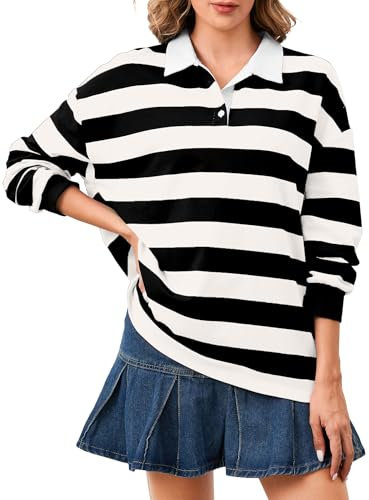 Soamat Women's Oversized Striped Polo Sweatshirt Long Sleeve Rugby Collared Pullover Tops Loose Fit Shirt, Black White, S