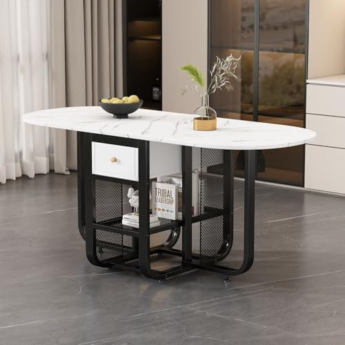 PUGSDRLY Table a Manger Pliante,Table de Salle à Manger Extensible,Table Salle à Manger avec Rangement,Table Cuisine Pliante avec Tiroirs,Table Multifonctionnelle en 3 Formes,160x70x75cm (Noir)