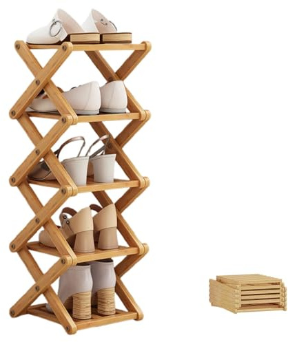 Yallmie 5 Etagen Faltbares Schuhregal aus Bambus, 26 * 24 * 82cm Schuhregal Holz Schmal Zusammenklappbar Bambus Schuhschrank Regal Schmaler Schuhständer für Eingang Schlafzimmer Ecke