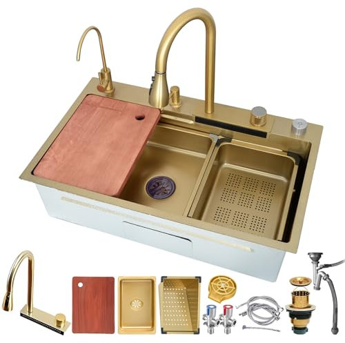 HZKSINNK Fregadero de Cocina de 1 Cubeta 80x45 cm, Dorado cascada Fregadero de Acero Inoxidable, con Grifo Cocina Extraible, cesta de drenaje, sifón, rebosadero y desagüe así como otros accesorios