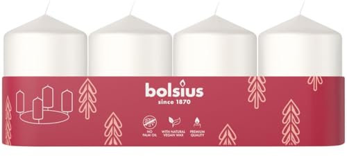 Bolsius - Adventszeit - Stumpenkerze - weiß - 6cm - 4-Pack - Dekorative Kerze - Mit natürlichem Pflanzenwachs - Ohne Palmöl