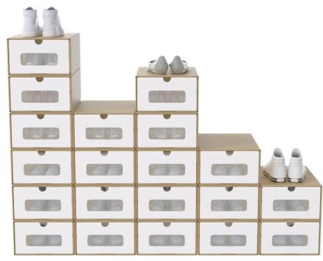 FIVMEN 20x Schuhboxen Stapelbar Kraftpapier Schuhaufbewahrung Aufbewahrungsbox mit Deckel und Transparent Sichtfenster Schuhbox Schuh Organizer, 34,5x23,5x13,5 cm