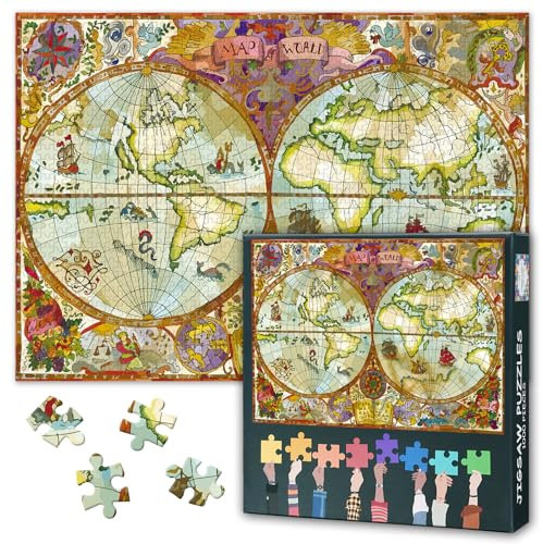 Jigsaw Puzzles for Adults 1000 Pieces Atlas Map on Old Paper Jigsaw Puzzles for Adults Gifts Challenging Puzzle Map with Continents Lands Old Ships for Home Decor Family Games 27.5X19.7