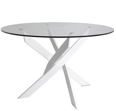 HABITMOBEL Mesa Redonda Modelo Turrini 120, Cristal, Patas Metal Blanco.