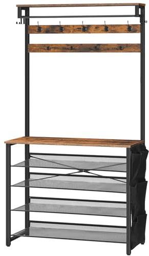 HOOBRO Garderobenständer, Schuhregal mit Garderobe, Kleiderständer mit Schuhablage, Schuhschrank mit 5 Ebenen, für Flur, Vintagebraun und Schwarz EBF76MT01