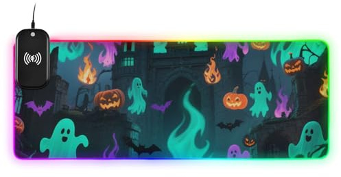 Halloween Terrifying Green Ghost Fire Wirel Charging Glowing Keyboard and Mouse Pad Modern gameing 89.9 x 39.9 cm Mousepad Big