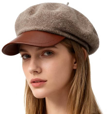 Andiker Baskenmütze Damen, Weiche Warme Mützen aus Wollmütze Mischung und PU Krempe Beret, Klassische Vintage Wintermütze Damen