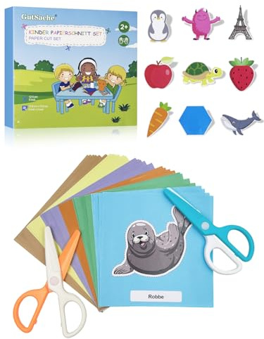 GutSache 2er Kinderschere mit 48 Bastelpapier – Bastelset für Kinder ab 3