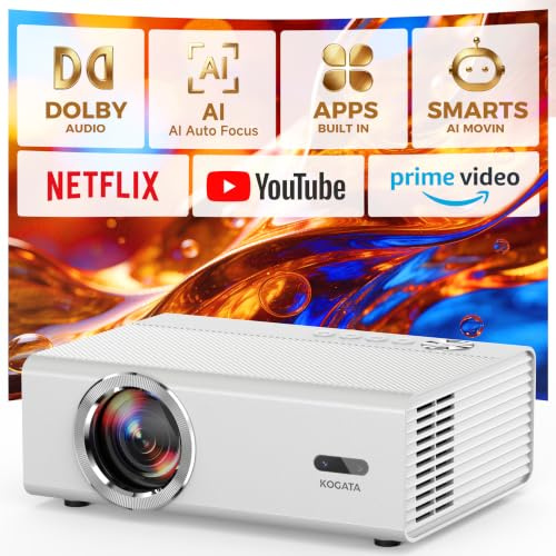 Smart Projector with WiFi and Bluetooth, Proyector-4K with Official Apps, AI Auto Focus 50W Dolby Quiet, Kogata Indoor Outdoor Projector Ceiling for Bedroom, Backyard, Camping