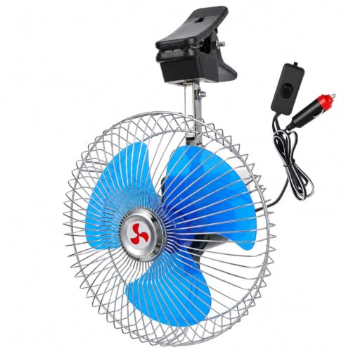 Toyvian 12v Oscillating Car Fan, 8-inch Clip-on Silent Metal Portable Air Fan for Desk Trucks Dashboard Rv Camping Tent Office Golf Carts, (blue)