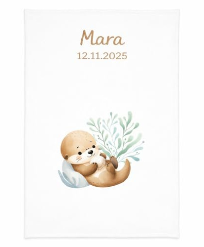 Wolimbo Babydecke - 75x100cm - Motiv Otter - personalisierbar - Krabbeldecke mit Wunsch Name/Motiv - Kinderdecke - Geschenk zur Taufe, Geburt, Geburtstag