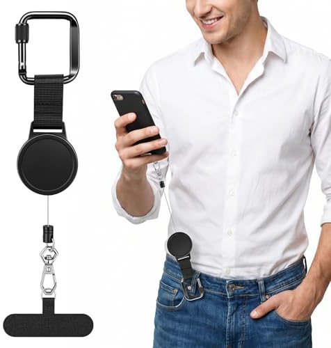 ZaejjaeY Phone Lanyard with Retractable Steel Cable & Locking Carabiner | 360° Swivel, Case-Friendly Tether Tab, Drop Protection, Travel & Commuting Use