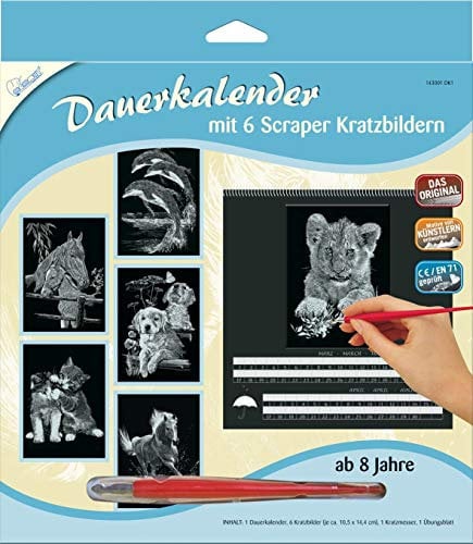 Mammut Spiel & Geschenk 143001 Kratzbilder & Dauerkalender, Motiv Tiere 1, Silber, Komplettset mit 6 Kratzbildern & 1 Dauerkalender & 1 Kratzmesser & 1Übungsblatt, Kratzset für Kinder ab 8 Jahre, Mittel