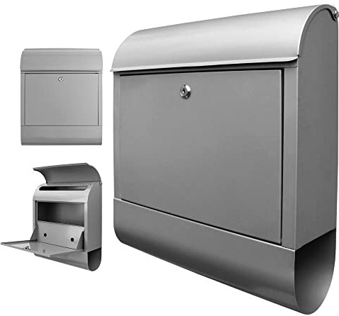 banjado® Design Briefkasten mit Motiv 38,5x46,5x13cm & 2 Schlüssel - Briefkasten Stahl Silber grau mit Zeitungsfach pulverbeschichtet - Postkasten A4 Einwurf inkl. Montagematerial