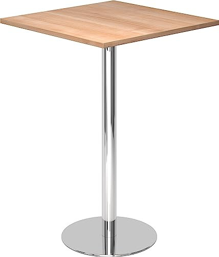 bümö Stehtisch Büro, Bistrotisch eckig 80 x 80 cm - Bartisch Nussbaum, Stehtisch Holz-Platte, Säule aus Metall verchromt, Buffettisch, Säulentisch, Partytisch, Thekentisch, Hochtisch, Barmöbel