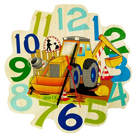 Hess Holzspielzeug 30008 - Wanduhr aus Holz für Kinder, Serie Baustelle, mit Quarzuhrwerk, handgefertigt, Durchmesser ca. 24 cm, farbenfroher Zeitanzeiger für´s Kinderzimmer