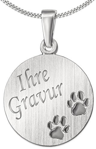 CLEVER SCHMUCK-GRAVUR-SET Silberner Anhänger runde Platte Ø 14 mm seidenmatt mit 2 Pfoten hochglänzend eingedrückt und Kette glänzend STERLING SILBER 925 für Tierfreunde im Etui