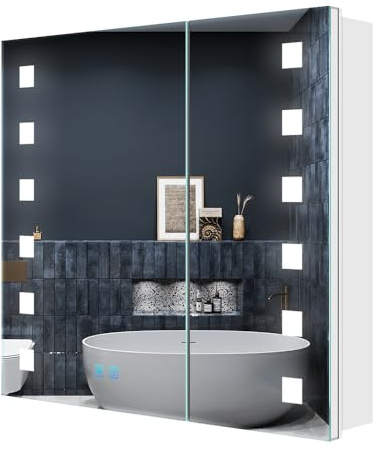 Quavikey® LED Bathroom Mirror Cabinet With Shaver Socket and Anti Fog, Bathroom Medicine Cabinet with Mirror for Makeup, 3 Color Dimmable, Interior Illuminated, Wall Mounted, White, 650x 600