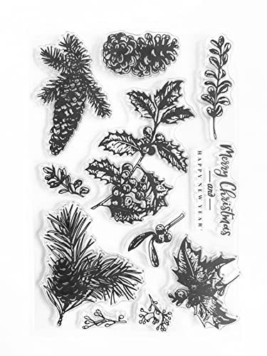 Merry Christmas Decors Stempel mit Weihnachtsmotiven, Blätter, Bäume, Gummi, transparent, für Sammelalben, Fotodekorationen, Kartengestaltung