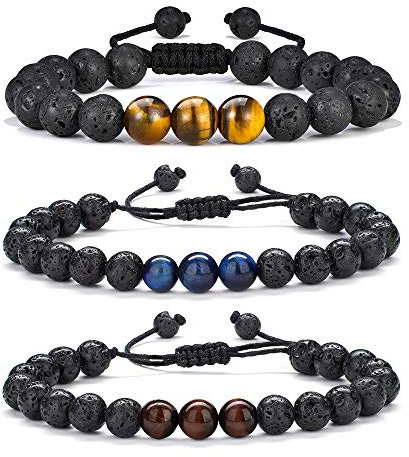 M MOOHAM 8mm Tigerauge Stein Armband Vatertagsgeschenk für Herren Lavasteine Armband Stressabbau Armband für Männer Geschenk für Papa Opa Freund Ehemann Sohn Bruder, 7 inches, Stein
