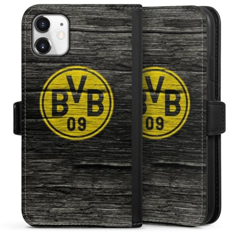 Klapphülle kompatibel mit Apple iPhone 11 Handyhülle aus Kunst Leder schwarz Flip Case Borussia Dortmund BVB Holzoptik
