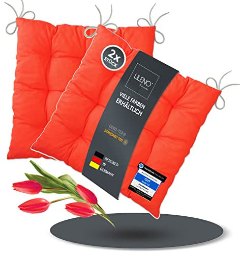 LILENO HOME 2er Set Stuhlkissen Hellrot (40x40x6 cm) - Sitzkissen für Gartenstuhl, Küche oder Esszimmerstuhl - Bequeme UV-beständige Indoor u. Outdoor Stuhlauflage als Stuhl Kissen