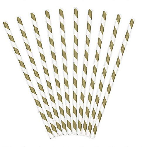 10 Stück Papierstrohhalme in Gold mit Weißen Streifen 19,5cm Trinkhalme