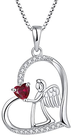 FJ Herz Schutzengel Kette Damen 925 Sterling Silber Engel Anhänger Engelsflügel Halskette Juli Geburtsstein Rubin Kette Schmuck Geschenke für Frauen Mädchen